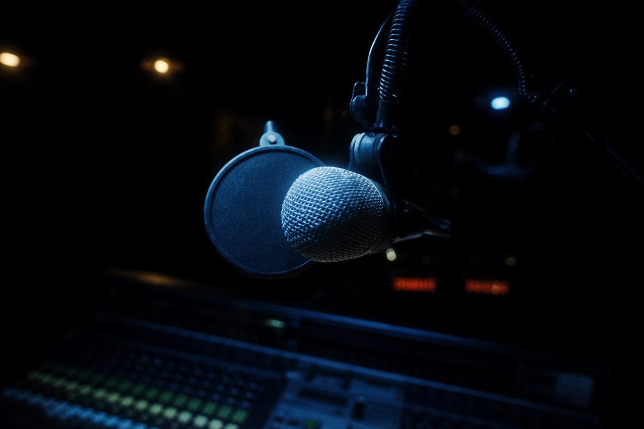 Microfone de estúdio de rádio em primeiro plano, com a mesa de som desfocada ao fundo iluminada por LEDs